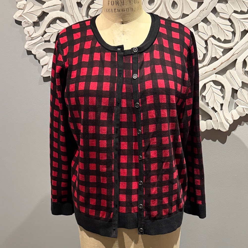 Vintage Christopher & Banks Red/Black Checkered Cardigan & tank top set XL